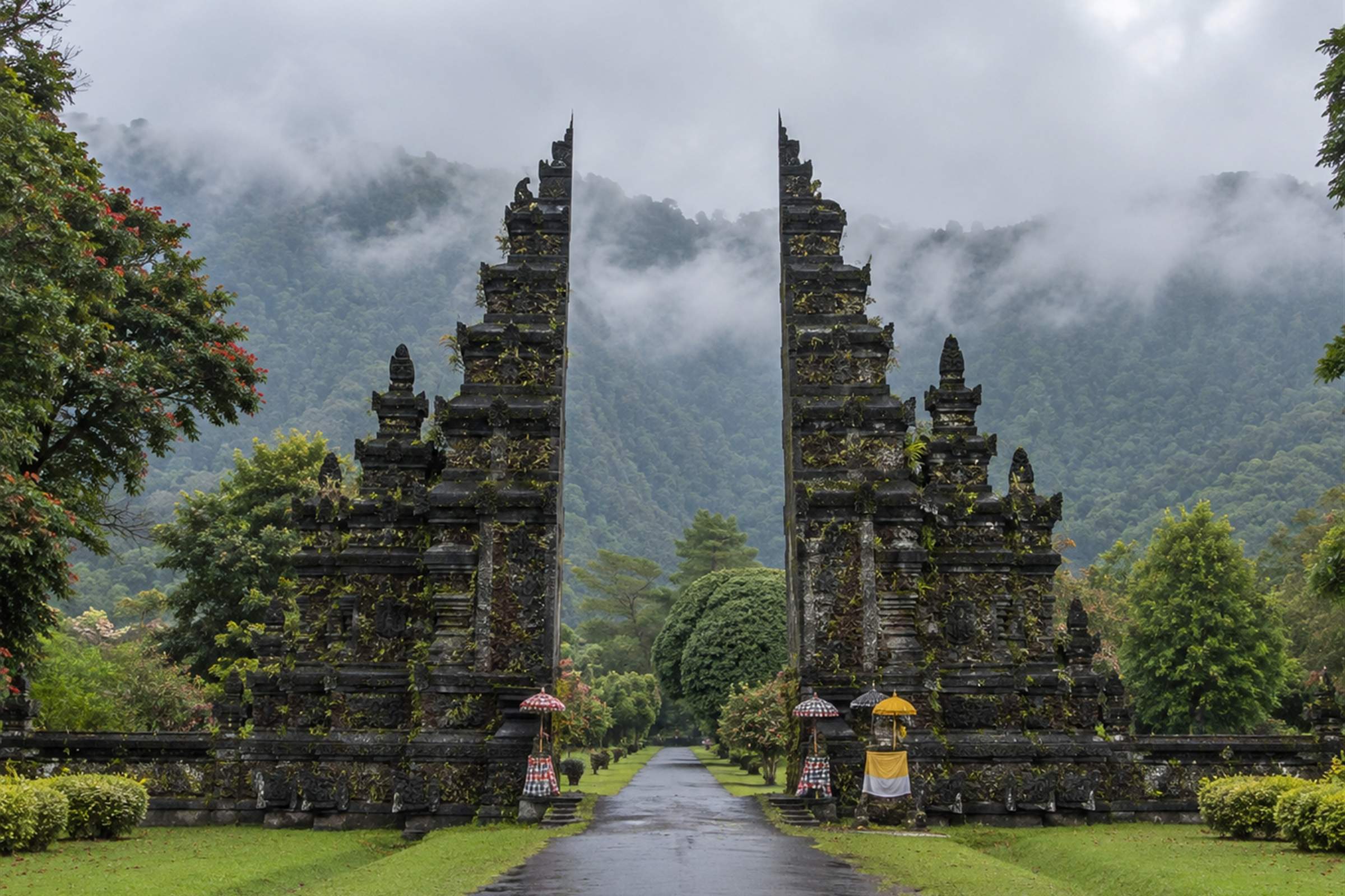 The split stone gates of Handara on the road into the Bali highlands, with cloud sitting on the forested ridge behind