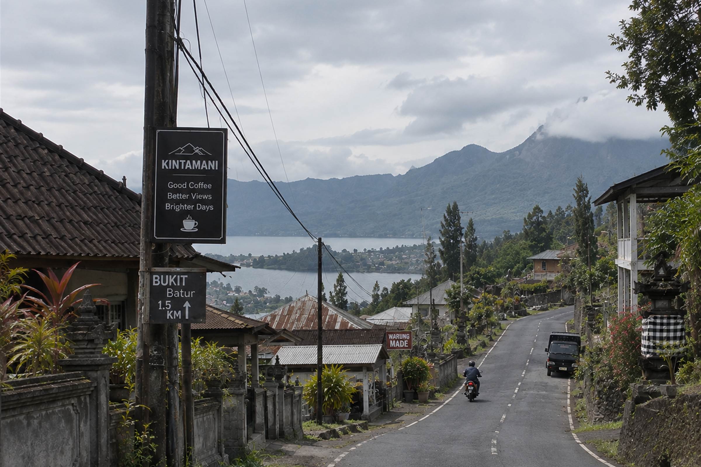 The village road into Kintamani, with Lake Batur below