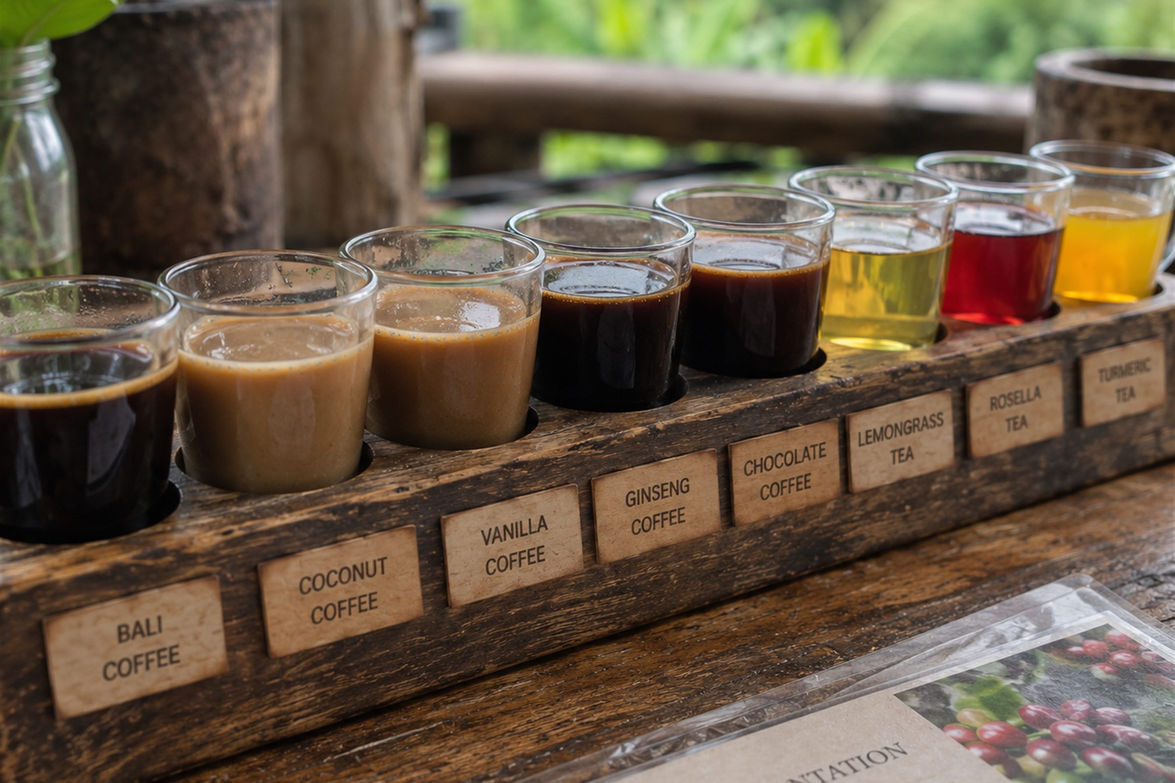A tasting flight of Bali coffees and herbal teas in small glasses on a labelled wooden tray