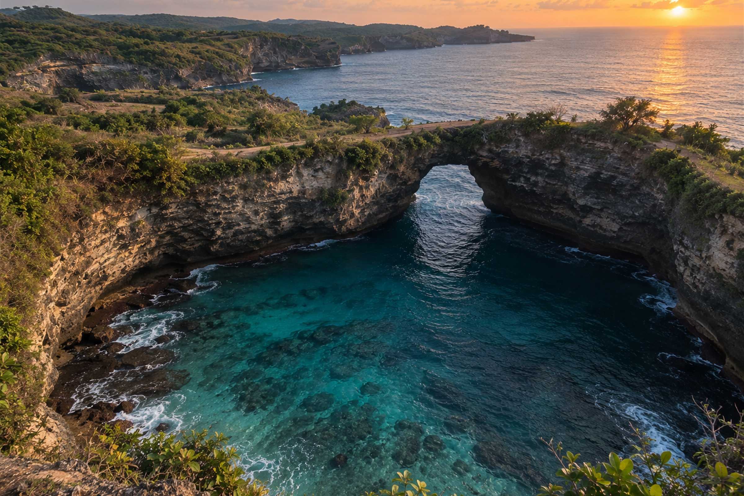 The natural rock arch of Broken Beach on Nusa Penida with the sun low over the sea