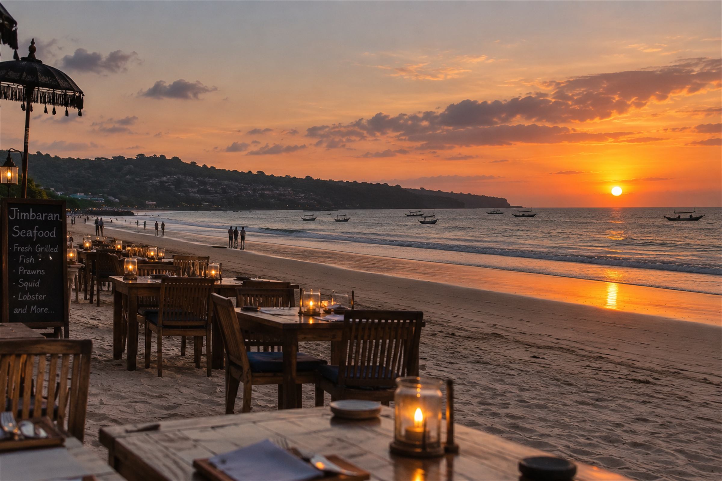 Sunset over Jimbaran Bay with tables set on the sand